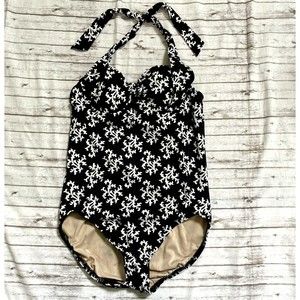 Land’s End Womens Black  White Halter One Piece Swimsuit Size 4